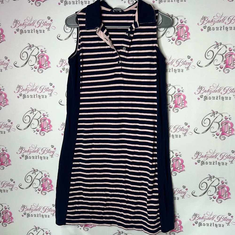 Lands' End dress collared preppy buttons Navy and Pink Striped Midi Dress